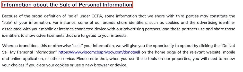 ViacomCBS Privacy Policy: Information about the Sale of Personal Information clause excerpt