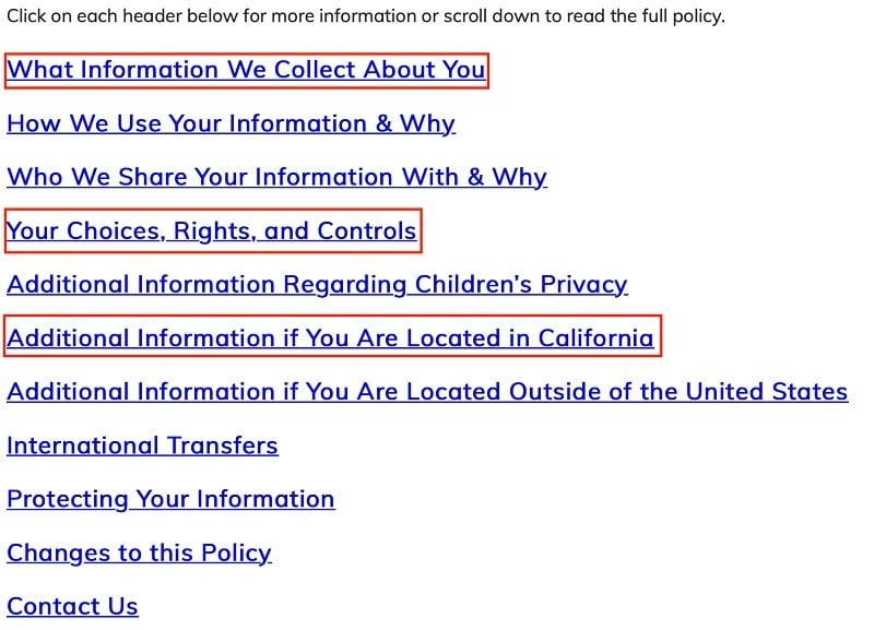 ViacomCBS Privacy Policy table of contents