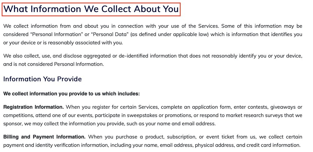 ViacomCBS Privacy Policy: What Information We Collect About You clause excerpt