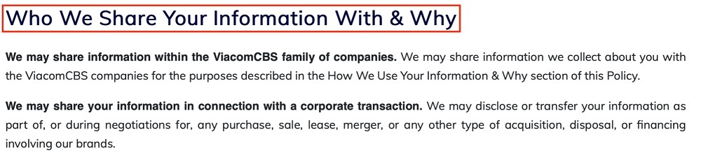 ViacomCBS Privacy Policy: Who We Share Your Information With and Why clause excerpt