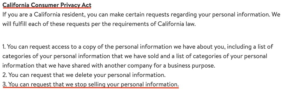 Walmart California Privacy Rights: CCPA section
