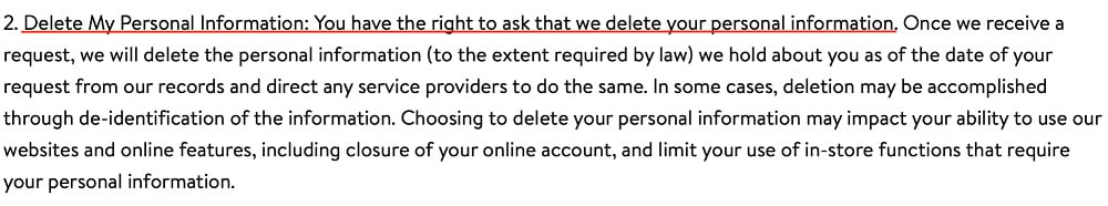 Walmart California Privacy Rights Policy: Delete My Personal Information section