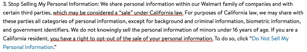 Walmart California Privacy Rights Policy: Stop Selling My Personal Information section
