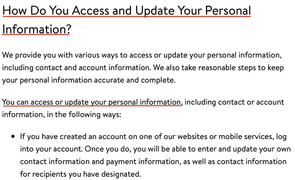 Walmart Privacy Policy: How Do You Access and Update Your Personal Information clause excerpt