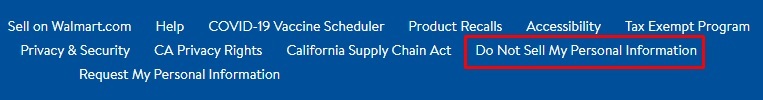 Walmart website footer with Do Not Sell My Personal Information link highlighted