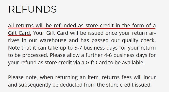 Womens Best Help Center: Returns - Refunds clause with store credit section highlighted