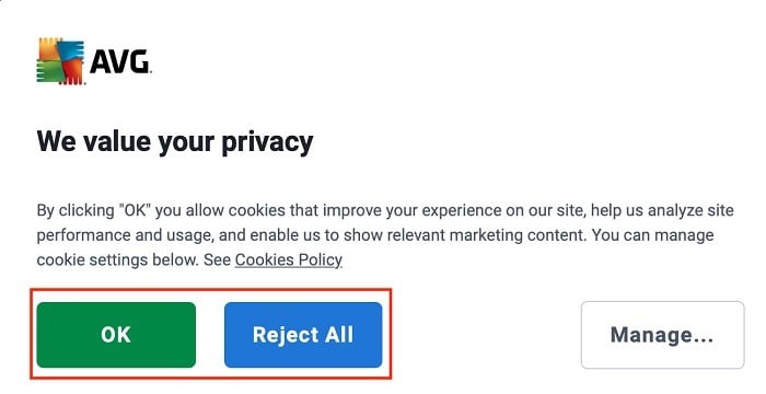 AVG cookie consent banner