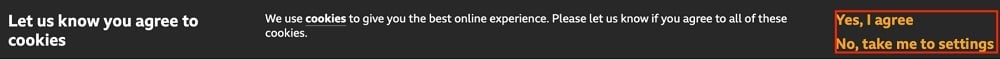 BBC Cookie Consent banner with yes and no options highlighted