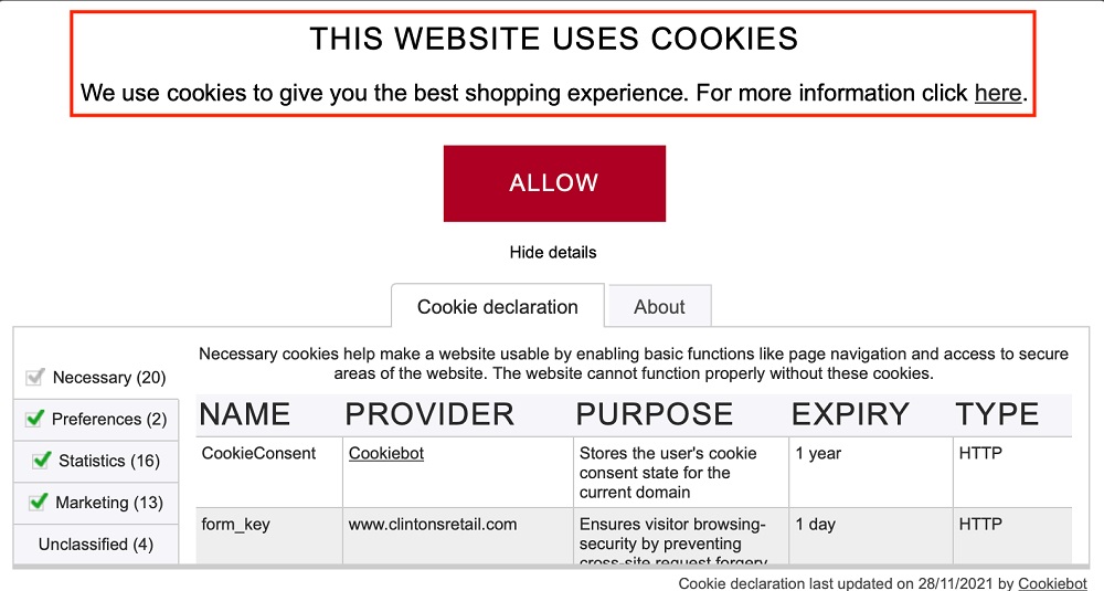 Clintons Cookie Consent banner