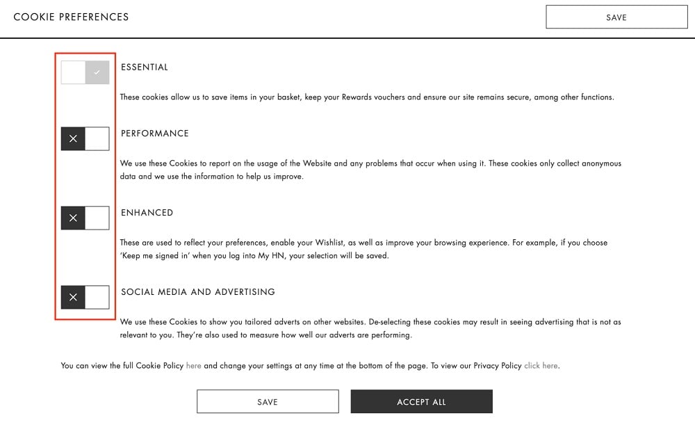 Harvey  Nichols Cookie Consent banner - Manage Preferences screen