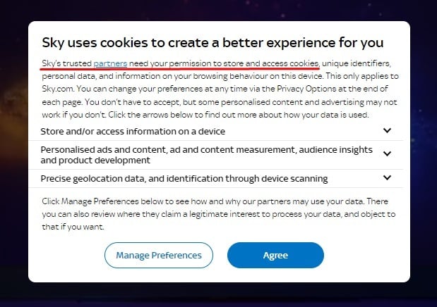 Sky cookie consent notice