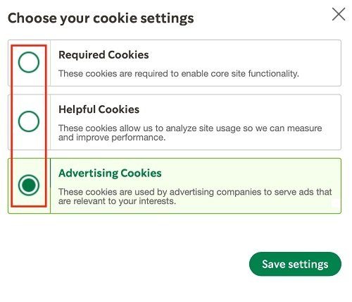 Starbucks Cookie Consent banner Settings options section