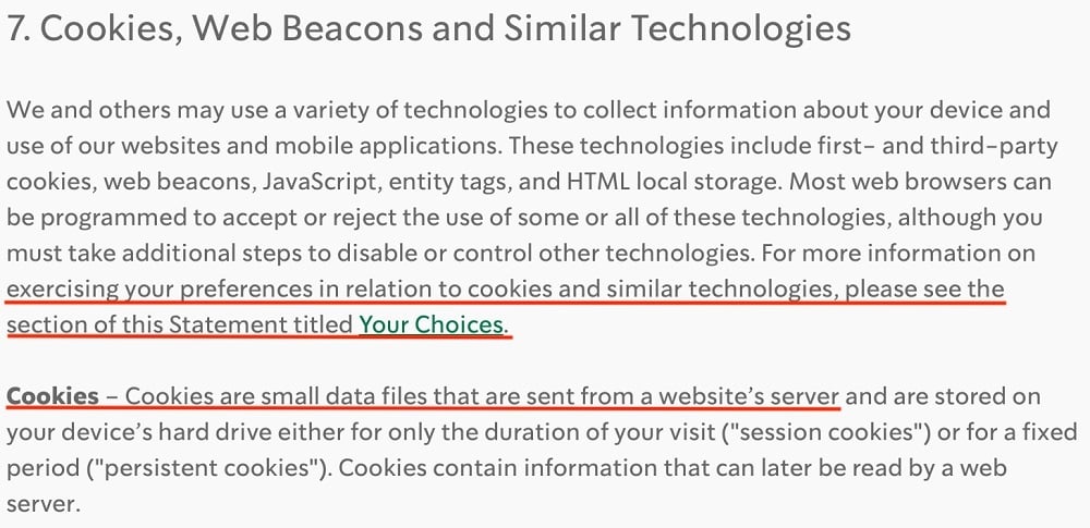 Starbucks Privacy Policy: Cookies, Web Beacons and Similar Technologies clause - Cookies excerpt