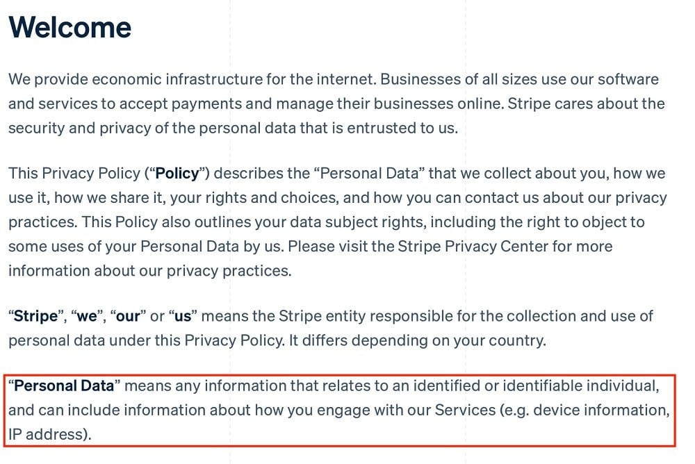 Stripe Privacy Policy: Welcome/Intro clause with Personal Data definition highlighted
