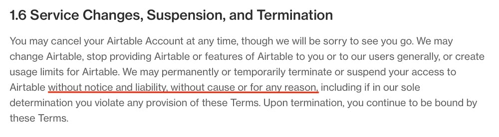 Airtable Terms of Service: Service Changes, Suspension and Termination clause