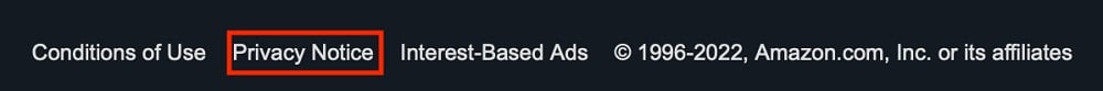 Amazon website footer with Privacy Notice link highlighted - Updated for 2022