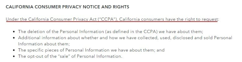 American Eagle Privacy Notice: CCPA Rights clause excerpt