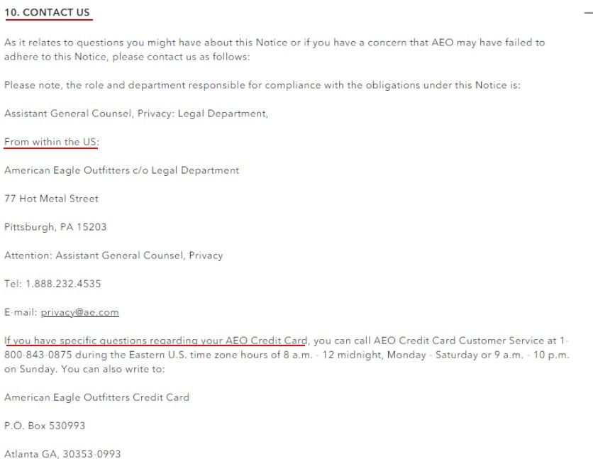 American Eagle Privacy  Notice: Contact clause