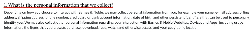 Barnes and Noble Privacy Policy: What is the personal information that we collect clause