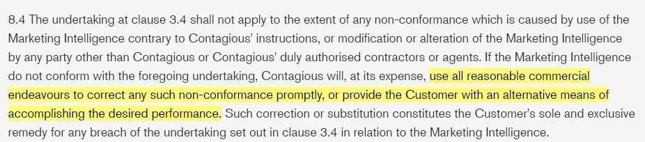 Contagious Terms and Conditions: Marketing Intelligence clause - Non-conformance section