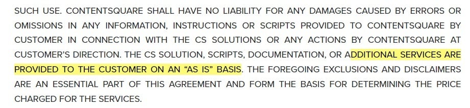 Contentsquare Warranties disclaimer clause - As Is section highlighted