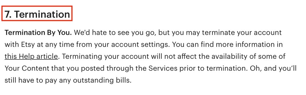 Etsy Terms of Use: Termination clause excerpt