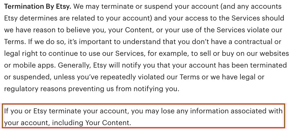 Etsy Terms of Use: Termination clause - You may lose your information section highlighted