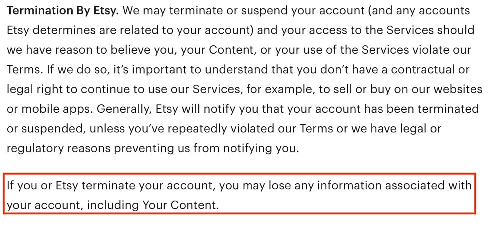 Etsy Terms of Use: Termination clause - You may lose your information section highlighted