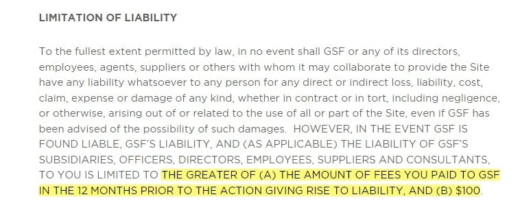 Gold Standard Terms and Conditions: Limitation of Liability clause