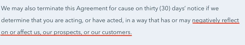 HubSpot Terms of Service: Termination for Cause clause excerpt