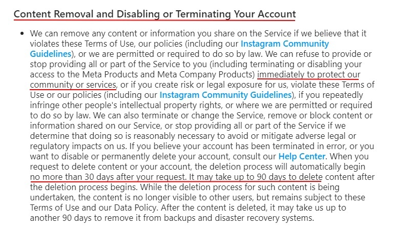 Instagram Terms of Use: Content Removal and Disabling or Terminating Your Account clause excerpt