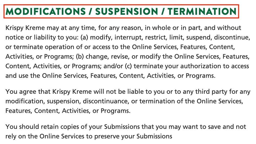 Krispy Kreme Terms of Use: Modifications Suspension and Termination clause