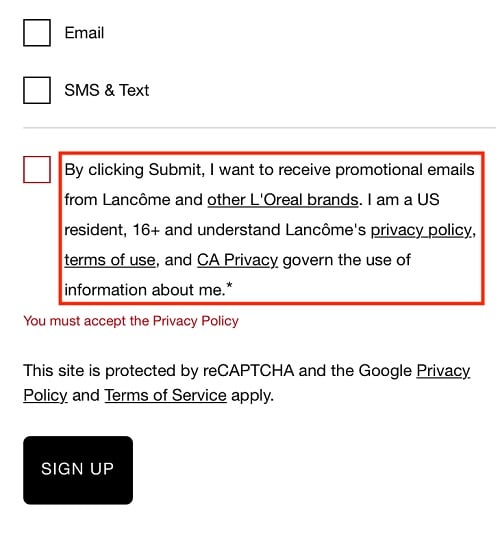 Lancome create account form with checkbox for Agree to Terms and Privacy highlighted