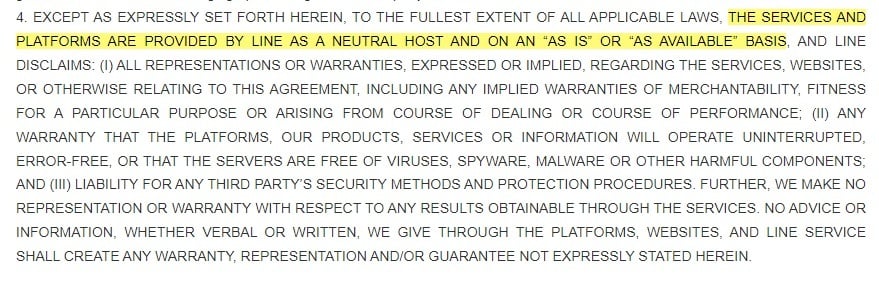 Line Terms and Conditions: Representations and Warranties clause - As Is and As Available section highlighted