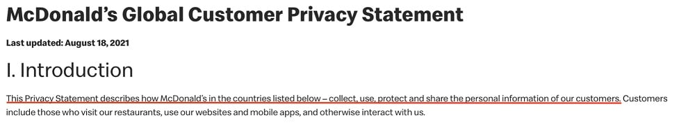 McDonalds Global Customer Privacy Statement: Introduction section excerpt