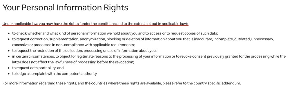 McDonalds Global Customer Privacy Statement: Your Personal Information Rights clause excerpt