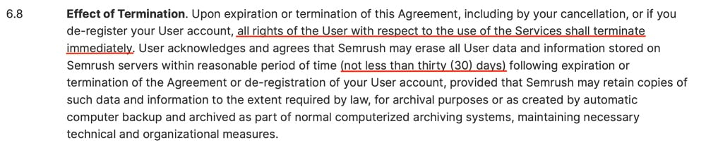 SEMRush Terms of Service: Effect of Termination clause