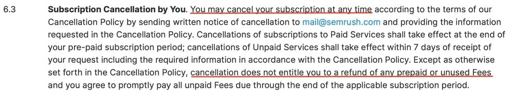 SEMRush Terms of Service: Subscription Cancellation by You clause