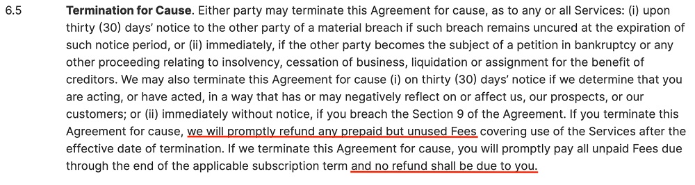 SEMRush Terms of Service: Termination for Cause clause