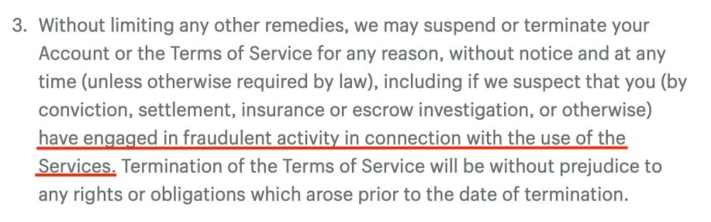 Shopify Terms of Service: Term and Termination clause - Fraudulent activity section highlighted