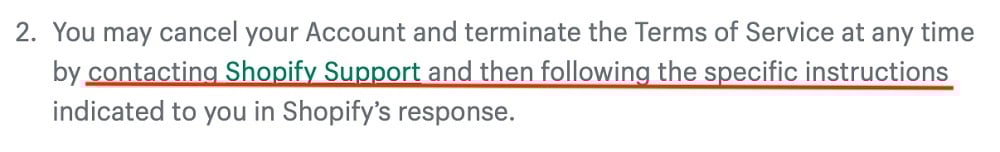 Shopify Terms of Service: Term and Termination clause - Instructions section highlighted