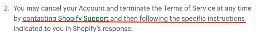 Shopify Terms of Service: Term and Termination clause - Instructions section highlighted