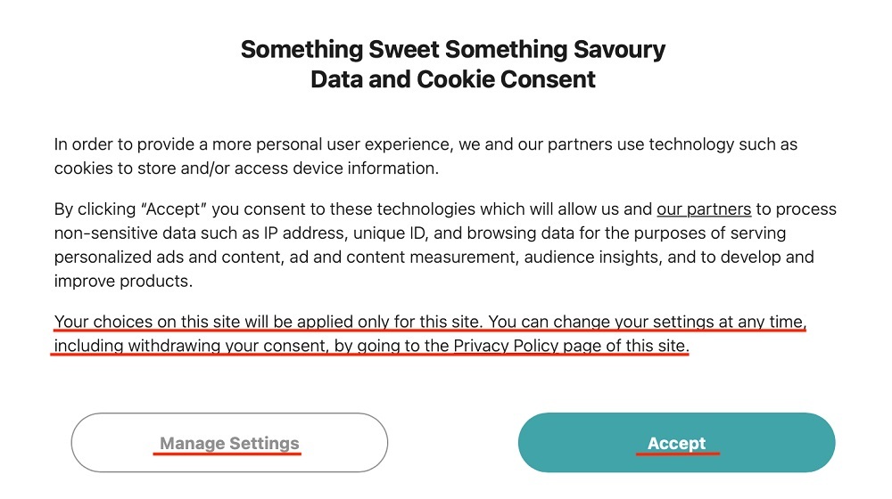 Something Sweet Something Savoury cookie consent notice