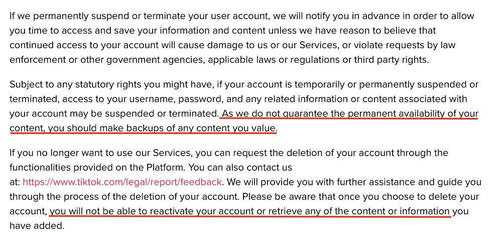 TikTok Terms of Service: Termination clause - Content access section highlighted