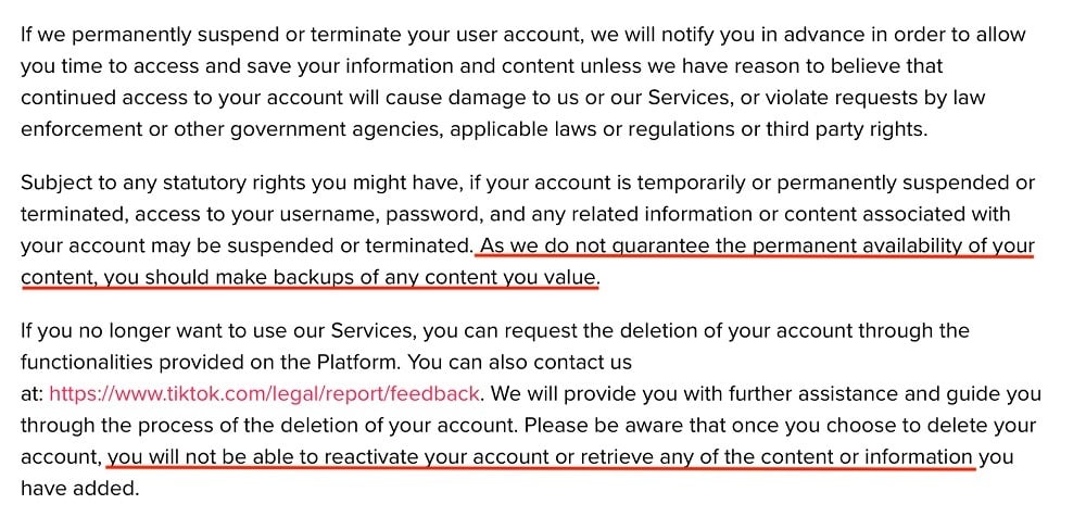 TikTok Terms of Service: Termination clause - Content access section highlighted