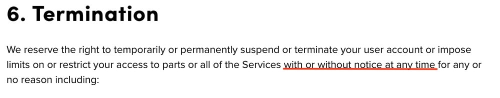 TikTok Terms of Service: Termination clause excerpt