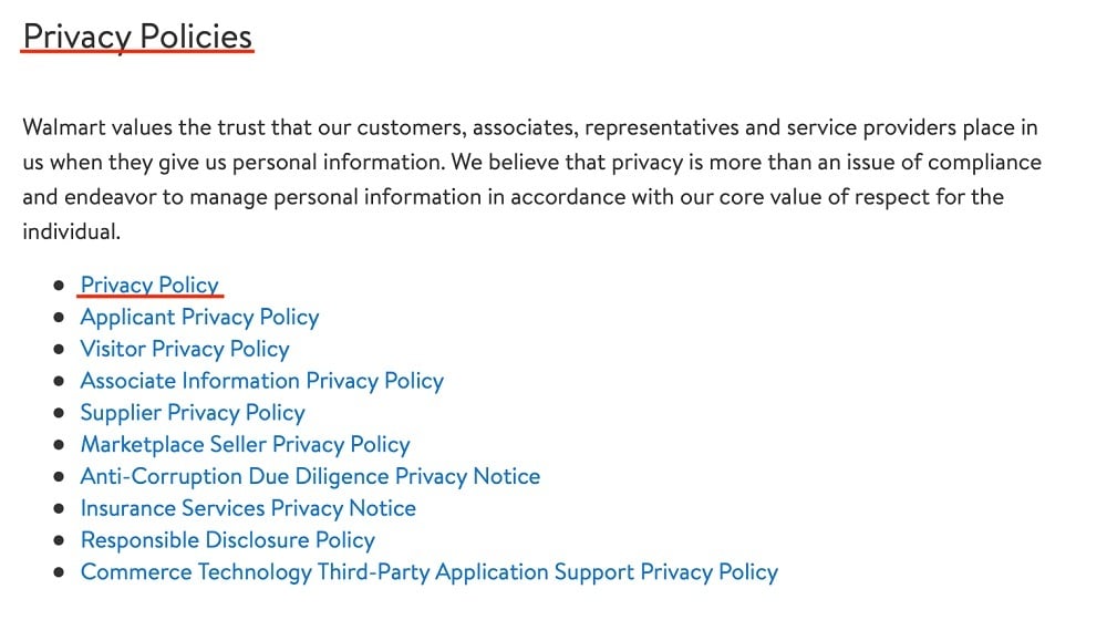 Walmart Privacy Policies list page