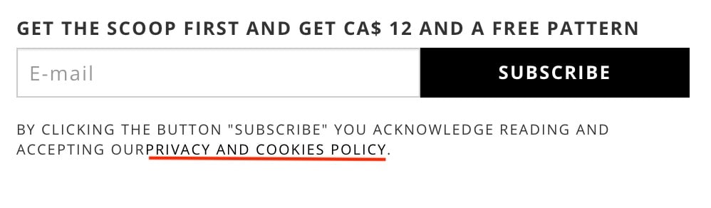 We Are Knitters email subscribe form with Privacy Policy and Cookies Policy highlighted