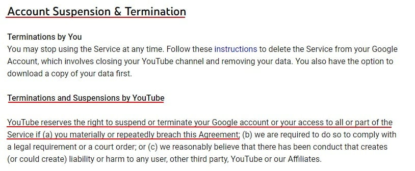 YouTube Terms of Service: Account Suspension and Termination clause - Breach of agreement section highlighted