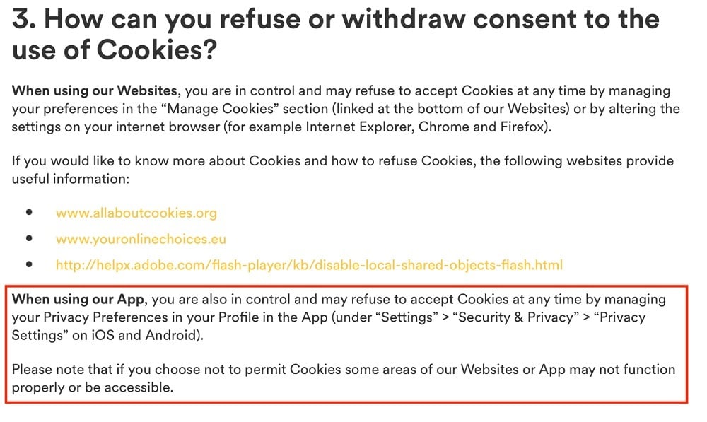 Bumble Cookie Policy: How can you refuse or withdraw consent to the use of Cookies clause